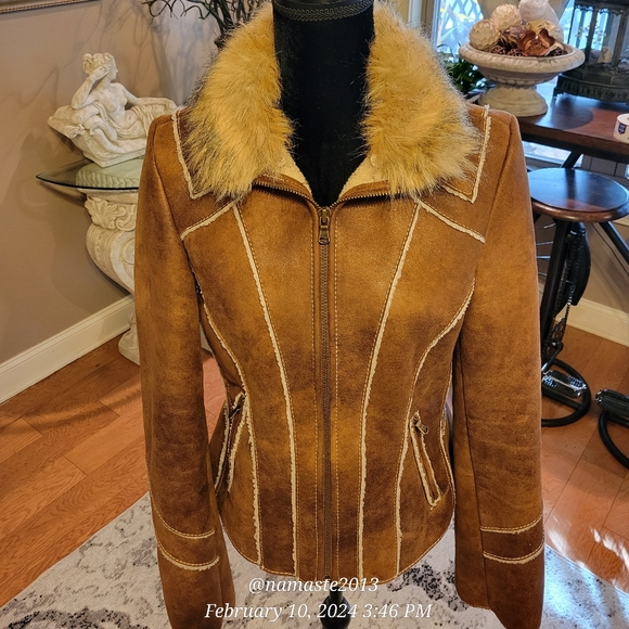 Guess Faux Leather Faux Fur Removable Collar Faux Shearling Western Designer 720 - Picture 3 of 15